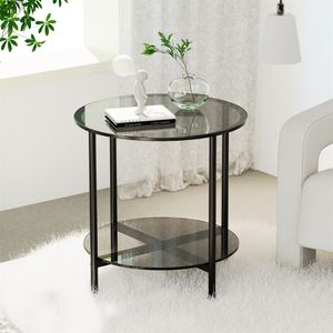 WISFOR konferenčný stolík do obývačky rozkladací stolík s kovovým rámom, 2 police, z robustného tvrdeného skla, okrúhly sklenený stolík Ø50 cm