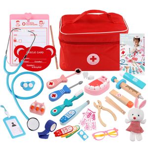 Kinder Holz Arztkoffer mit Tasche Stethoskop Handy Brille Zahnarzt Spielzeug für Rollenspiel Geschenk für Weihnachten Geburtstag Kinder Jungen und Mädchen
