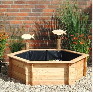 Hochteich promadino Miniteich 6eck-Hochteich mit Solarpumpe,natur, Lärche mit Teichfolie 122 x 105 x 40 cm