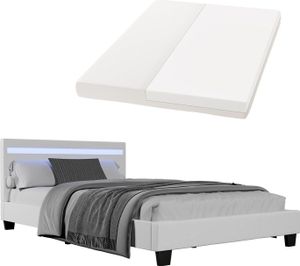 Juskys Polsterbett Verona - 120x200 cm - Bettgestell inkl. LED-Beleuchtung, Lattenrost & Matratze - weiß - Kunstleder - Einzelbett Jugendbett