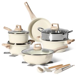 JUST PERFECTO Kochgeschirr-Set mit Töpfen und Pfannen Induktion 15 pcs aus antihaftbeschichtetem Granit mit Dampfgarer (Beige) ohne PTFE und PFOA