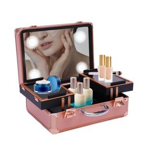 Kosmetiktasche Makeup Box Schminkkoffer Tragebar Aufbewahrungsbox Schmuckbox mit Spiegel Licht Rose Gold