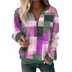 Damen Sweatshirt Langarm Pullover Casual V-Ausschnitt Shirt Loses Blumendruck Tops Winter Violett,Größe:EU S