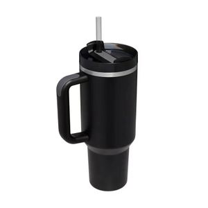 Dvojstenný nerezový vákuový izolačný pohár s rukoväťou, 40oz prenosný cestovný pohár so slamkou a vrchnákom, čierny