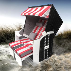 BRAST Strandkorb Sylt 2-Sitzer für 2 Personen 115cm breit rot grau weiß gestreift extra Fußkissen incl. Abdeckhaube Gartenliege Sonneninsel Poly-Rattan