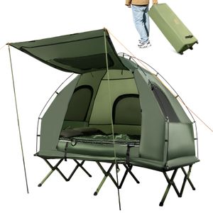 COSTWAY Feldbett mit Zelt für 2 Personen, Campingliege mit Vorzelt, Luftmatratze, Schlafsack, 2 Kissen und Tragetasche, rollbar, 194x145x187cm