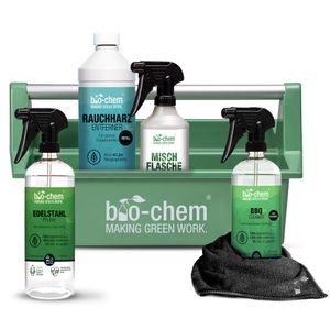 bio-chem Grill-Box: 6-teiliges Reinigungs-Set/Pflege-Set mit Grill-Reiniger Grillrost-Reiniger für Grill, Smoker und Zubehör mit Mikrofasertuch und Werkzeugbox 2,5 L