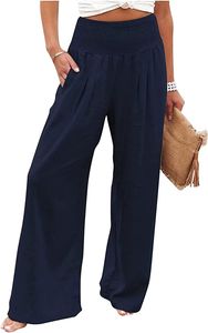 ASKSA Dámské lněné kalhoty s širokou nohavicí, vysoký pas, ležérní kalhoty, volné, dlouhé letní kalhoty, námořnická modř, XXL
