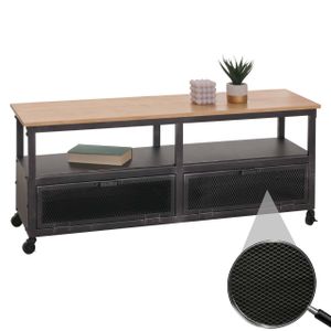 Lowboard HWC-N28, TV-Rack, Rollen 2 Fächer, 3D-Struktur Industrial Retro Metall Holz 55x130x36cm  schwarz, natur