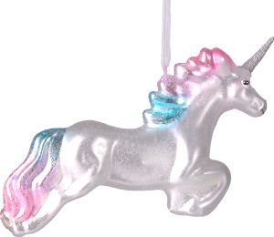 BRUBAKER Einhorn im Sprung - Handbemalte Weihnachtskugel aus Glas - Christbaumschmuck Figuren lustig Deko Anhänger Baumkugel - 13.5 cm