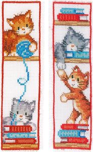 Vervaco Lesezeichen Kreuzstich Set "Spielende Katzen" 2er Set, Zählmuster, 6x20cm
