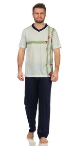 Herren Sommer Pyjama Lange Schlafhose V- T-shirt, Grün L