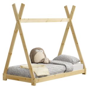 [en.casa] Kinderbett 80x160cm Natur Holz im Tipi-Design aus Kiefernholz Jugendbett Bett Holzbett Hausbett