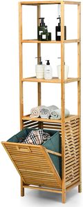 COSTWAY Badezimmer Hochschrank mit Wäschekorb, Badezimmerschrank aus Bambus mit Regalen, Wäscheschrank Badschrank Badregal ideal für Bad Schlafzimmer Waschküche