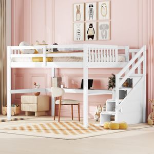 MODFU Hochbett 140 x 200 mit Treppe, Stauraumschubladen und Schreibtisch, Weiß(ohne Matratze)