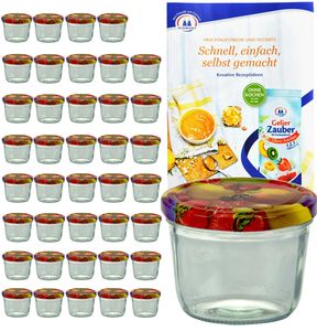 40er Set Sturzglas 230 ml mit Obst Dekor Deckel inkl. Diamant Gelierzauber Rezeptheft