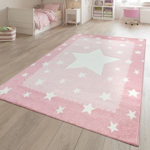Spielteppich Weiß Rosa Kinderzimmer Stern Muster Bordüre 3-D Design Kurzflor Größe 80x150 cm