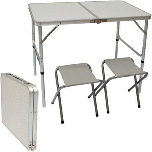 Campingtischset aus Aluminium in Grau | Höhenverstellbarer Klapptisch und 2 Falt-Hocker | 110x70cm | praktisches Kofferformat