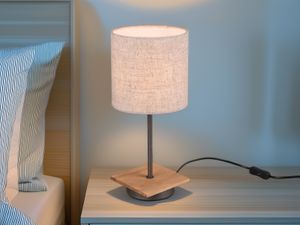 Skandinavische Tischlampe Nachttischleuchte mit Stoff Lampenschirm Beige Holzfuß
