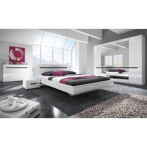 Schlafzimmer Set mit 180cm Bett in weiß mit weiß Hochglanz und schwarz HERNING-83