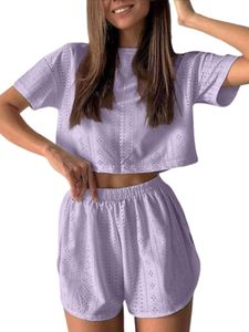 Damen Freizeitanzug Elastische Taille Zweiteiliges Loose Fit T-Shirt und Shorts Set Lila,Größe L