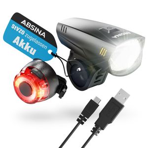 ABSINA LED Fahrradlicht Set Akku abnehmbar, StVZO zugelassen, 180 Lumen, 200m, regenfest - Fahrradbeleuchtung Fahrradlampe