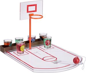 Relaxdays Basketball, transparent Trinkspiel, lustig, 6 Glas Shotgläser, Korb + Ball, Partyspiel HxBxT 22,5 x 24 x 44 cm