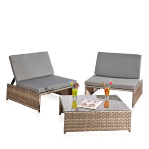 Melko vielseitiges Gartenmöbel-Set – Sonnenliege, Sitzbank oder zwei Stühle mit Rückenlehne, mit Tisch aus Polyrattan,Sitzgarnitur robust und wetterfest, Grau