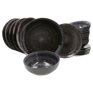 18tlg. Teller Set Reactive Glaze Black 6 Pers. Steingut Teller Schale Schwarz