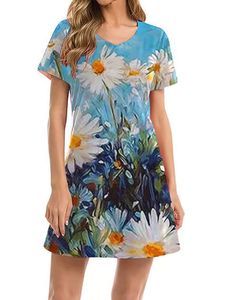 Frauen Strand-Print kurze Ärmel V-Hals Sommer-Casual Kleid kurze T-Shirt,Farbe: Chrysantheme,Größe:M