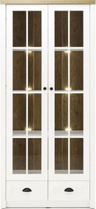 Landhaus-Vitrine 2trg & 2 Schubkästen PISA-61 in Pinie weiß und Eiche hell, inkl. Beleuchtung, B/H/T ca.: 90/198/43 cm