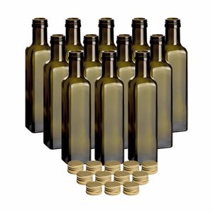 gouveo 12er Set Glasflasche 250 ml Maraska Antik mit Schraubdeckel goldfarben - Leere Flasche 0,25 l zum Befüllen - Glasflasche für Likör, Essig, Öl