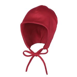 modAS Baby Mütze aus Baumwolle - Kopfbedeckung Mädchen Jungen mit Bindeband und Ohrenschutz in Rot 43 cm – ca. 6-9 Monate