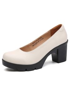Damen Pumps Chunky Block Heel Mode Schuhe Komfort Runde Zehe Arbeit Formal High Heels Beige,Größe:EU 39