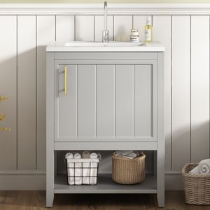 Badmöbel Einzelwaschtisch,Waschtischunterschrank 60 cm mit Keramikwaschbecken,mit Ablage,hellgrau