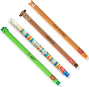 LEGAMI - Set mit 4 Gel-Radierstiften, Motive Dino, Teddybär, Corgi, Lama, Kugel am Ende zum Entfernen der Tinte, Schwarz, Blau, Grün, Rot, Temperaturempfindlich, Spitzendurchmesser 0,7 mm