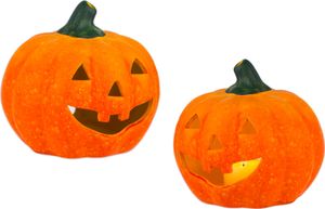 BigDean 2er Set Halloween-Kürbis Windlicht groß - HxD: ca. 13x14 cm - Zierkürbis als Herbstdeko - Aus Keramik - Mit Öffnung für Teelichter