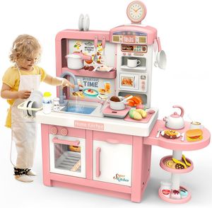 Spielküche & Tee Set Kinder, Kinderküche mit Mikrowelle, Kochfeld, mit Sound- und Licht, Küche mit Wasser Funktion