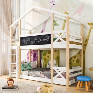 Merax Detská posteľ 90x200 cm Podkrovná poschodová posteľ s 2 roštami, rebríkom, doskou a ochranou proti vypadnutiu, posteľ pre mladých Posteľ z borovicového dreva Domová poschodová posteľ pre dve deti, prírodná a biela