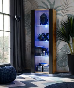 Komodee | Vitrine Schrank Tivoli mit 3 Regalböden, Korpus Wotan Matt Frontfarbe Schwarz Matt, LED Blau