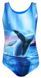 Aquarti Mädchen Badeanzug mit Ringerrücken Print, Farbe: Wal / Polarnacht / Blau / Rosa, Größe: 134