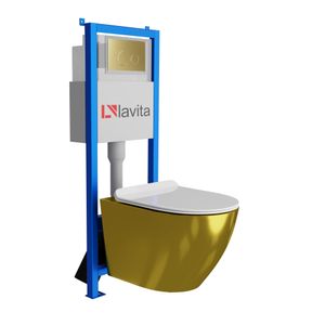 Lavita LAV 101 Vorwandelement für WC 40cm + Wand Hänge Tiefspül WC SOFI SLIM GOLD/WHITE Spülrandlos + Bedienplatte LAV 200.4.5 Gold | Komplettset | Unterputz Spülkasten | Toilette Komplett Sett