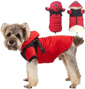 Winterwarmer Hundemantel mit Geschirr – Hundekleidung für kleine Hunde Winterwarme Weste mit Kapuze Hundejacke (Rot, XL)