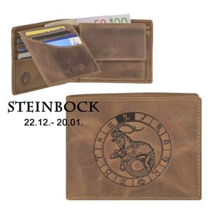 Greenburry Geldbörse Herren Leder braun antik Vintage mit Sternzeichen Motiv STEINBOCK Prägung Portemonnaie 12,5 x 9,5cm