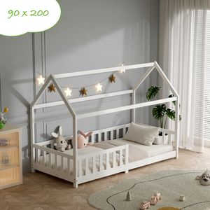 Kinderbett 90x200 mit Rausfallschutz und Lattenrost, Hausbett - Kinderbett 90x200 für Kinder - Kinderbett Hausbett 90x200 Weiß