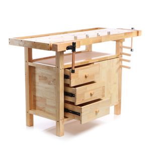 Wiltec Hobelbank 126 x 50 x 84 cm aus Holz, Werkbank bis 150 kg, Werktisch mit Spannzangen, Schubladen und Gerätefach, Arbeitstisch aus Rubberwood