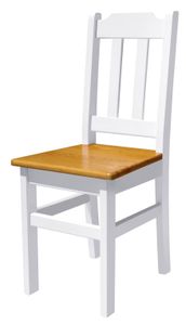 Weißer Stuhl aus massivem Kiefernholz mit Sitzfläche in der Farbe Alder
