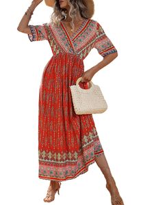 Damen Sommerkleider Swing Maxikleider V-Ausschnitt Bohemian Langes Kleid Strandkleid Rot,Größe S