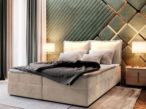 Masseno Boxspringbett LENTE M 140x200 cm Komplett-Set mit Bonell Matratze und Topper, Polsterbett mit Bettkästen -Creme, MONOLITH 02
