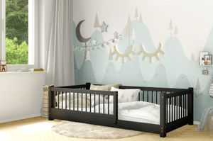 AXEL Kinderbett aus Kieferholz mit Schutzgitter Holzbett Graphit 70x140 Beinhöhe 3 cm